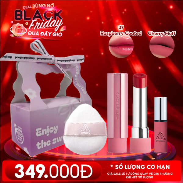  Combo Quà Tặng 20/11: Túi Quà + Son Bóng Dưỡng Môi Có Màu 3CE 37 Raspberry Coated + Mút Trang Điểm 3CE + Son Kem Lì Mini 3CE Cherry Fluff 
