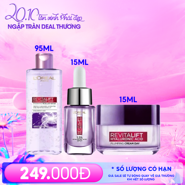  Combo 3 Sản Phẩm L'Oreal: Serum Cấp Ẩm, Cải Thiện Nếp Nhăn 15ml + Nước Tẩy Trang Làm Sạch, Cấp Ẩm 95ml + Kem Dưỡng Cấp Ẩm, Cải Thiện Nếp Nhăn 15ml 