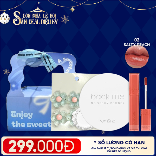  Combo Quà Tặng: Phấn Phủ Dạng Bột Romand Back Me No Sebum + Son Tint Bóng Romand Dewyful Water Tint  + Kẹp Tóc + Túi Quà 