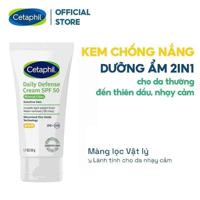 Kem Chống Nắng Cetaphil Dưỡng Ẩm 2in1 Cho Da Thiên Dầu, Nhạy Cảm Daily Defense Cream SPF50 UVB+UVA 50g