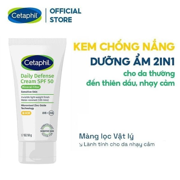  Kem Chống Nắng Cetaphil Dưỡng Ẩm 2in1 Cho Da Thiên Dầu, Nhạy Cảm Daily Defense Cream SPF50 UVB+UVA 50g 