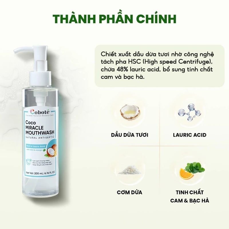 Dầu Súc Miệng COBOTÉ Làm Sạch Khoang Miệng, Giảm Mùi Hôi Coco Miracle Mouthwash 200ml
