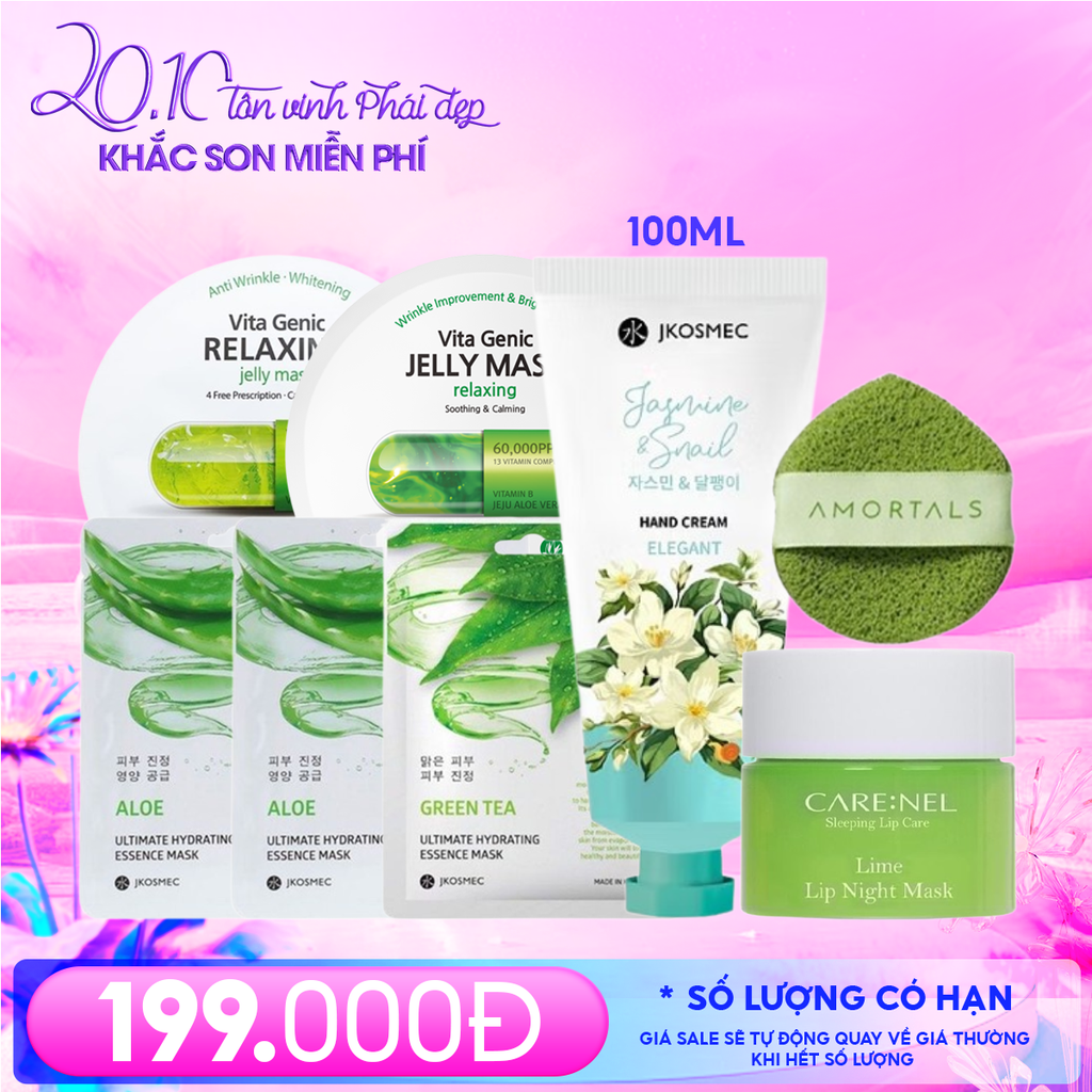 Combo 20/10: Mặt Nạ Ngủ Môi Carenel 5g #Lime + Mặt Nạ Jkosmec #Aloe + Mặt Nạ Jkosmec #Green Tea + Mặt Nạ BNBG Vitamin B + Mặt Nạ Banobagi #Relaxing + Bông Rửa Mặt Amortals (1 Miếng) + Kem Dưỡng Da Tay Jkosmec 100ml #Jasmine & Snail