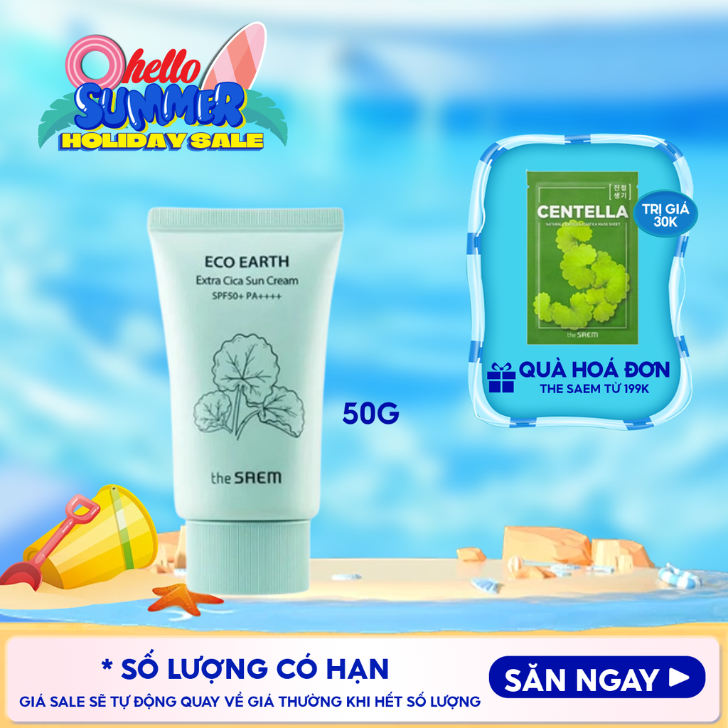 Kem Chống Nắng The Saem Nâng Tông, Cân Bằng Ẩm, Chiết Xuất Rau Má Eco Earth Extra Cica Sun Cream SPF50+/PA++++ 50g