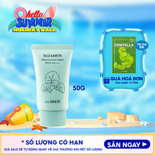  Kem Chống Nắng The Saem Nâng Tông, Cân Bằng Ẩm, Chiết Xuất Rau Má Eco Earth Extra Cica Sun Cream SPF50+/PA++++ 50g 