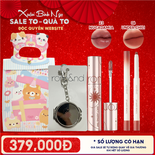  Combo Romand: Son Tint Lì Juicy Solunar Edition + Gương Móc Khóa Romand Solunar + Chì Kẻ Viền Môi Nhung Lì, Lâu Trôi, Thiết Kế 2 Đầu 06 Under Chili + Túi Quà 