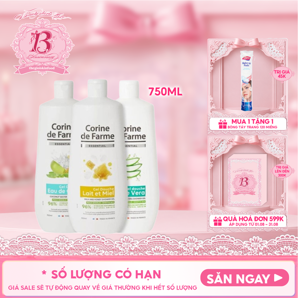  Gel Tắm Corine de Farme Chiết Xuất Thiên Nhiên Dưỡng Ẩm, Làm Dịu Da Essential Shower Gel 750ml 