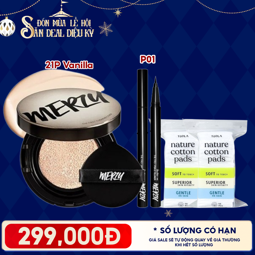 Combo Quà Tặng: Phấn Nước Merzy 21P Vanilla + Bút Kẻ Mắt Nước Merzy P1 Đen + 2 Bông Tẩy Trang TOOLA - 50 miếng
