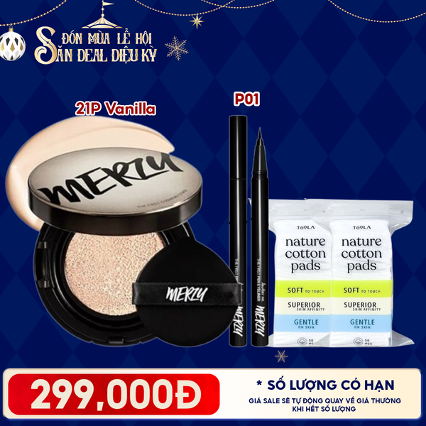  Combo Quà Tặng: Phấn Nước Merzy 21P Vanilla + Bút Kẻ Mắt Nước Merzy P1 Đen + 2 Bông Tẩy Trang TOOLA - 50 miếng 
