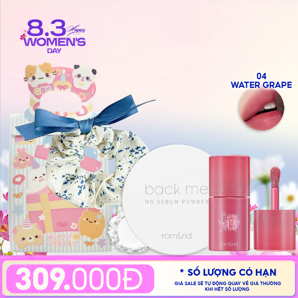  Combo Quà Tặng: Phấn Phủ Dạng Bột Romand Back Me No Sebum + Son Tint Romand Bare Water Tint + Cột Tóc + Túi Quà 