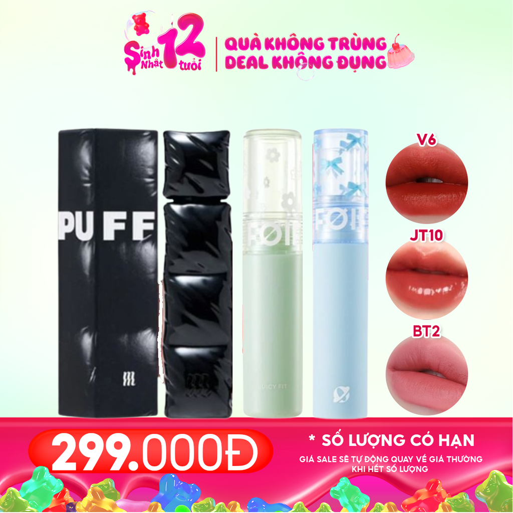 Combo 3 Son: Son Kem Lì Merzy The First Velvet Tint #V6 Firenze Negroni (Puffer) + Son Tint Bóng FOIF Juicy Fit Tint #JT10 Sun Kissed + Son Kem Lì FOIF Daily Blur Tint #BT2 After Mauve