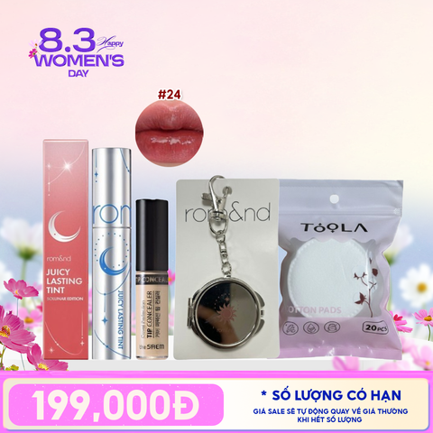 Combo Quà Tặng 8.3:  Son Tint Lì Romand Juicy Solunar Edition + Gương Móc Khóa Romand Solunar + Bông Tẩy Trang Tròn TOOLA x Romand +Kem Chống Nắng The Saem Clear Beige