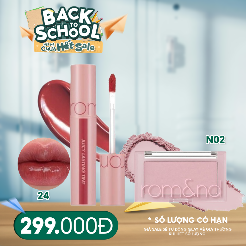 Combo 2 Sản Phẩm Romand: Son Tint Lì Căng Bóng Juicy Lasting Tint 5.5g #Màu 24+ Phấn Má Hồng Dạng Nén Better Than Cheek