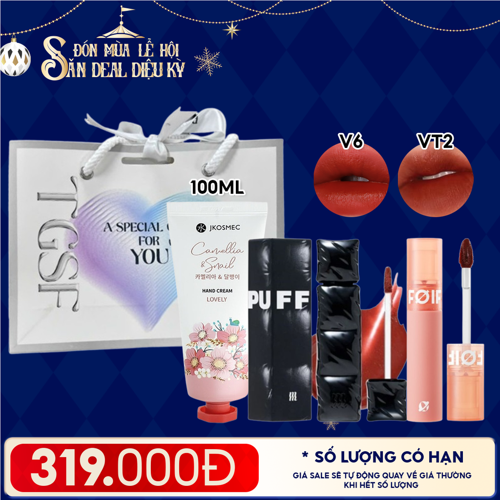 Combo Quà Tặng: Son Kem Lì/ Son Bóng Pha Lê Merzy + Son Kem Lì FOIF Daily Velvet Tint + Kem Dưỡng Tay Jkosmec + Túi Quà