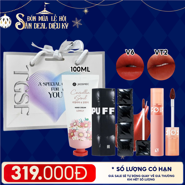  Combo Quà Tặng: Son Kem Lì/ Son Bóng Pha Lê Merzy + Son Kem Lì FOIF Daily Velvet Tint + Kem Dưỡng Tay Jkosmec + Túi Quà 