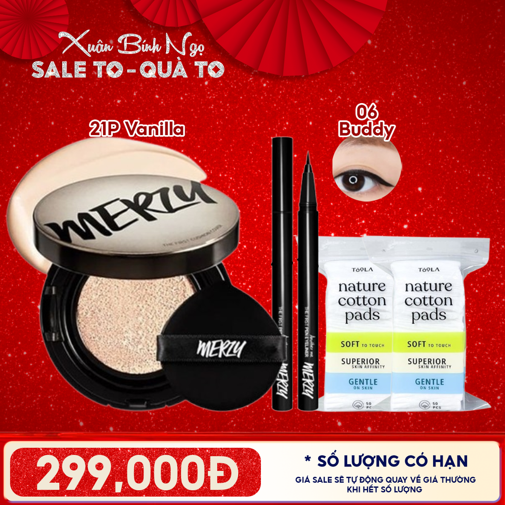 Combo Quà Tặng: Phấn Nước Merzy 21P Vanilla + Bút Kẻ Mắt Nước Merzy P1 Đen + 2 Bông Tẩy Trang TOOLA - 50 miếng