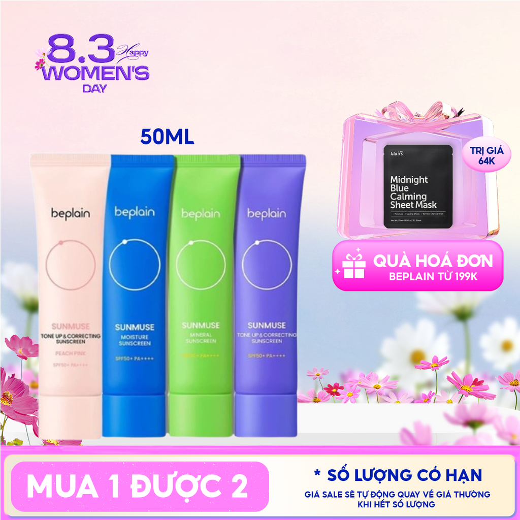 Kem Chống Nắng Thuần Chay Beplain Nâng Tone, Kiềm Dầu, Dưỡng Ẩm Sunmuse Sunscreen SPF50+/PA+++ 50ml