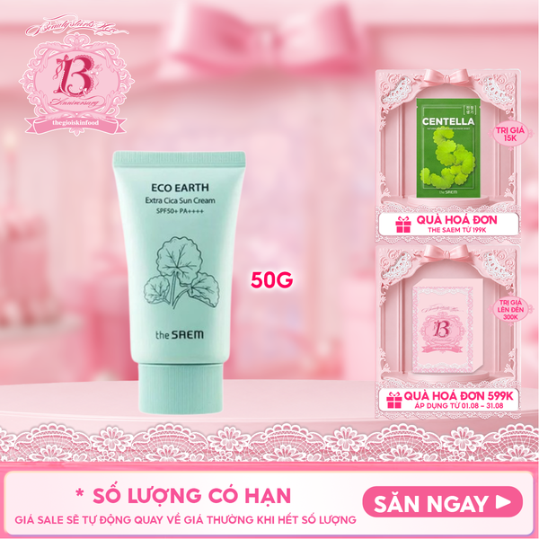  Kem Chống Nắng The Saem Nâng Tông, Cân Bằng Ẩm, Chiết Xuất Rau Má Eco Earth Extra Cica Sun Cream SPF50+/PA++++ 50g 
