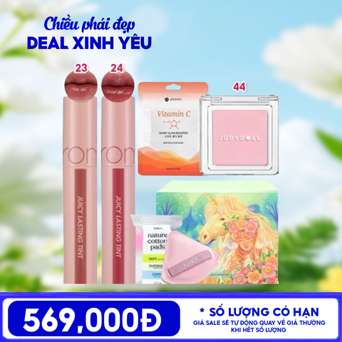 [HỘP QUÀ YÊU THƯƠNG] Son Tint Lì Romand The Juicy Lasting Tint + Phấn Má Hồng Đơn Sắc Judydoll Blush Powder + Bông Mút Trang Điểm, Tẩy Trang TOOLA + Mặt Nạ Jkosmec + Hộp Quà Ngẫu Nhiên