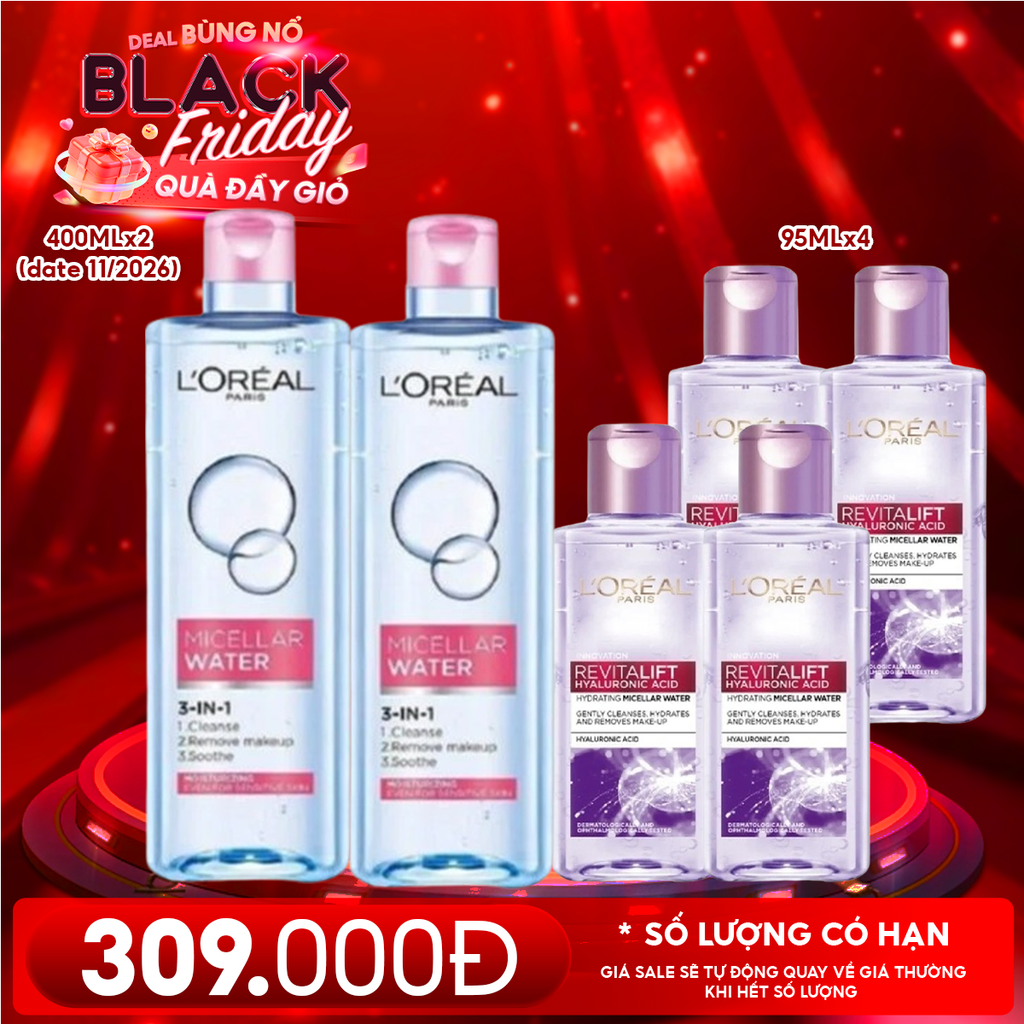 Combo L'oreal 6 Sản Phẩm: Nước Tẩy Trang Sạch Sâu Dưỡng Ẩm 400ml (date 11/2026)(2 Chai) + Nước Tẩy Trang Cấp Ẩm 95ml ( 4 Chai)