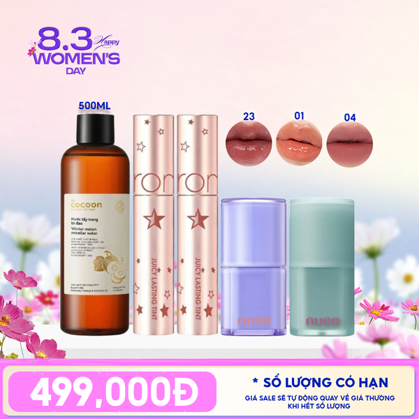  [PACK TIẾT KIỆM 56%] 2 Son Tint Lì Romand Starry 23 + Son Bóng Thuần Chay Nuse 01 Molten Peanut + Son Kem Lì Thuần Chay Nuse 04 Mauve Rain + Nước Tẩy Trang Bí Đao Cocoon 500ml 