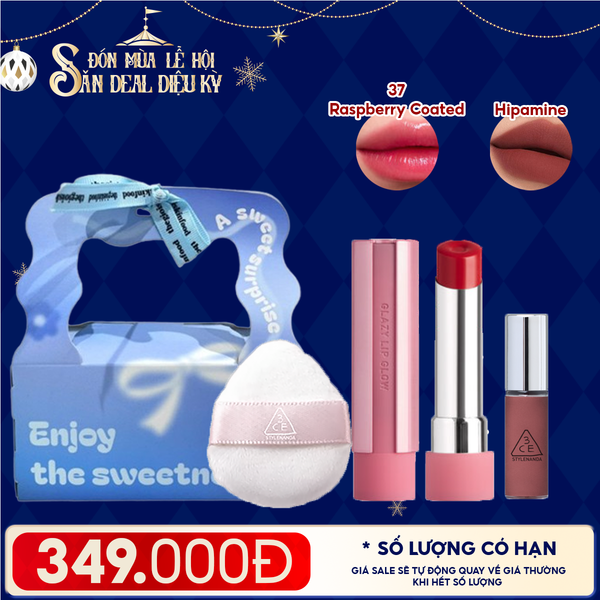  Combo Quà Tặng: Túi Quà + Son Bóng Dưỡng Môi Có Màu 3CE 37 Raspberry Coated + Mút Trang Điểm 3CE + Son Kem Lì Mini 3CE Hipamine 
