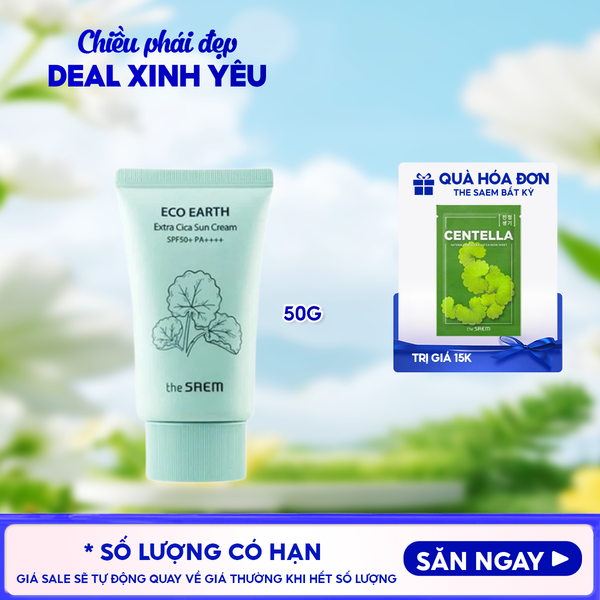  Kem Chống Nắng The Saem Nâng Tông, Cân Bằng Ẩm, Chiết Xuất Rau Má Eco Earth Extra Cica Sun Cream SPF50+/PA++++ 50g 