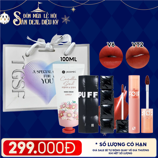  Combo Quà Tặng: Son Kem Lì/ Son Bóng Pha Lê Merzy + Son Kem Lì FOIF Daily Velvet Tint + Kem Dưỡng Tay Jkosmec + Túi Quà 