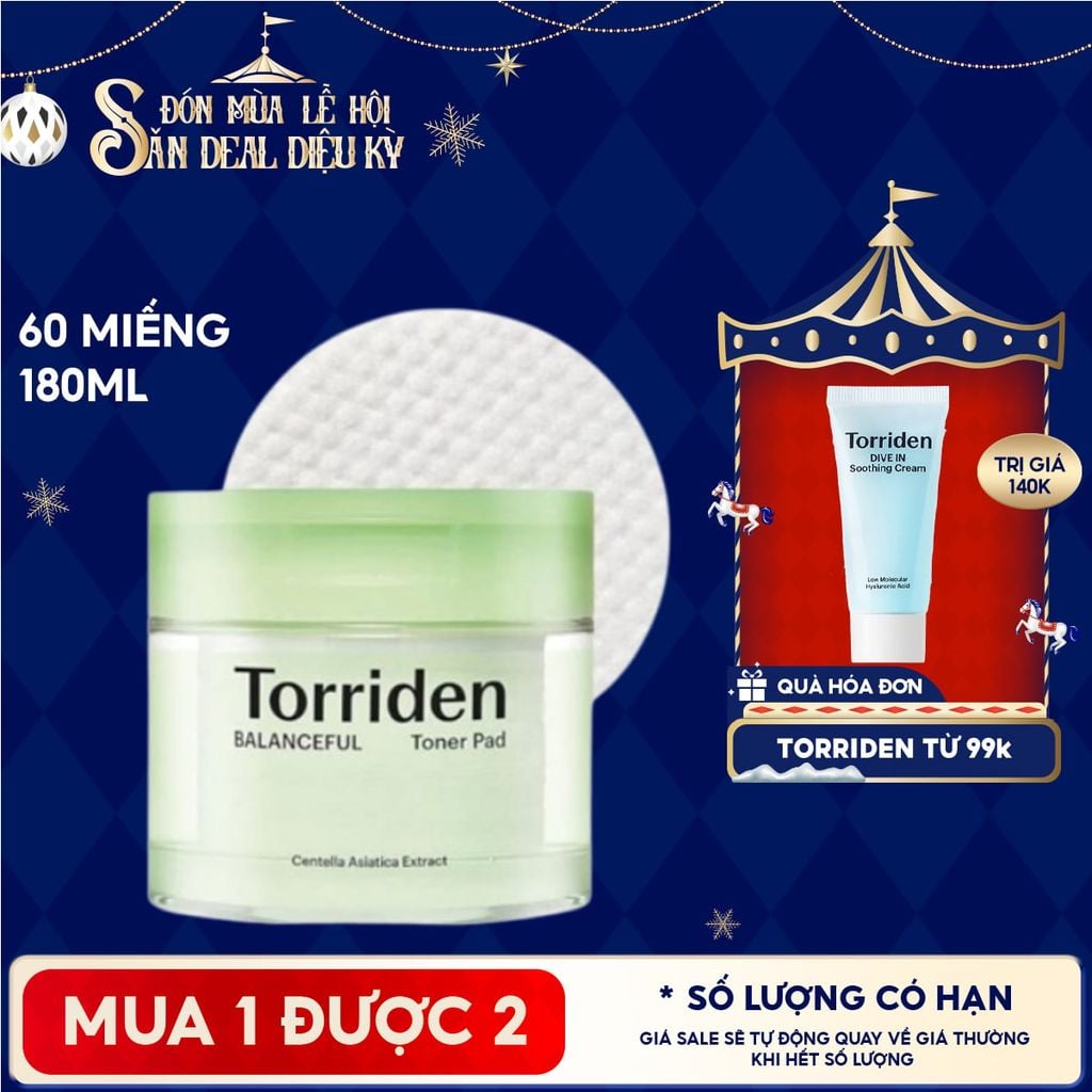 Toner Pad Torriden Làm Dịu Da Mụn, Cân Bằng Da, Cấp Ẩm Balanceful Cica Toner Pad 60 miếng