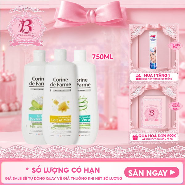  Gel Tắm Corine de Farme Chiết Xuất Thiên Nhiên Dưỡng Ẩm, Làm Dịu Da Essential Shower Gel 750ml 