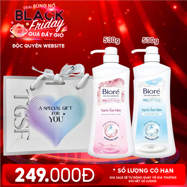  Combo Quà Tặng 20/11: 2 Chai Sữa Tắm Bioré Dưỡng Ẩm Mịn Da 530g + Túi Quà 