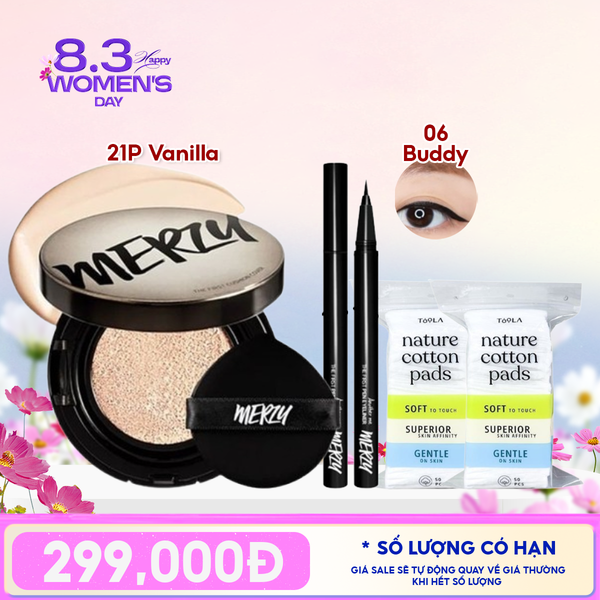  Combo Quà Tặng: Phấn Nước Merzy 21P Vanilla + Bút Kẻ Mắt Nước Merzy P1 Đen + 2 Bông Tẩy Trang TOOLA - 50 miếng 