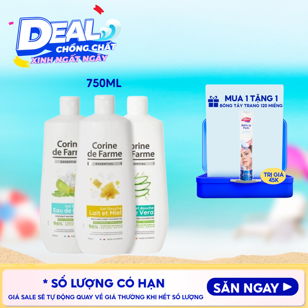  Gel Tắm Corine de Farme Chiết Xuất Thiên Nhiên Dưỡng Ẩm, Làm Dịu Da Essential Shower Gel 750ml 
