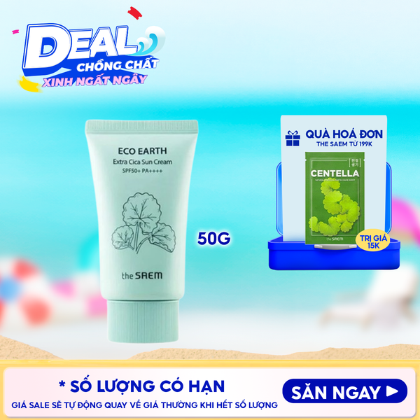  Kem Chống Nắng The Saem Nâng Tông, Cân Bằng Ẩm, Chiết Xuất Rau Má Eco Earth Extra Cica Sun Cream SPF50+/PA++++ 50g 