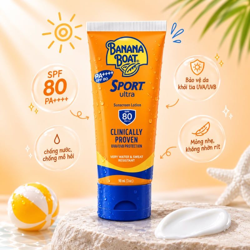 Kem Chống Nắng Thể Thao Banana Boat Quang Phổ Rộng, Bảo Vệ Da Sport Ultra Sunscreen Lotion SPF 80 PA++++ 90ml