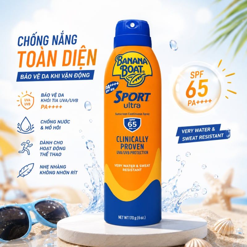 Xịt Chống Nắng Thể Thao Banana Boat Lâu Trôi Sport Ultra Sunscreen Continuous Spray SPF 65 PA++++ 170g