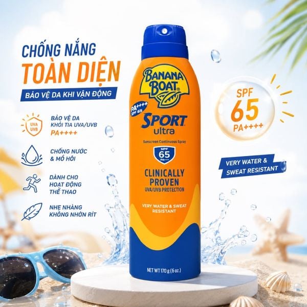  Xịt Chống Nắng Thể Thao Banana Boat Lâu Trôi Sport Ultra Sunscreen Continuous Spray SPF 65 PA++++ 170g 