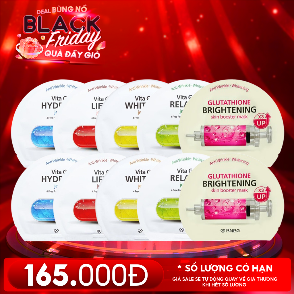 Combo BNBG 10 Mask: Mặt Nạ Miếng Vita Genic Vitamin B (2 miếng) + Vitamin E (2 miếng) + Vitamin A (2 miếng) + Vitamin B3 (2 miếng) + Glutathione Brightening (2 miếng)