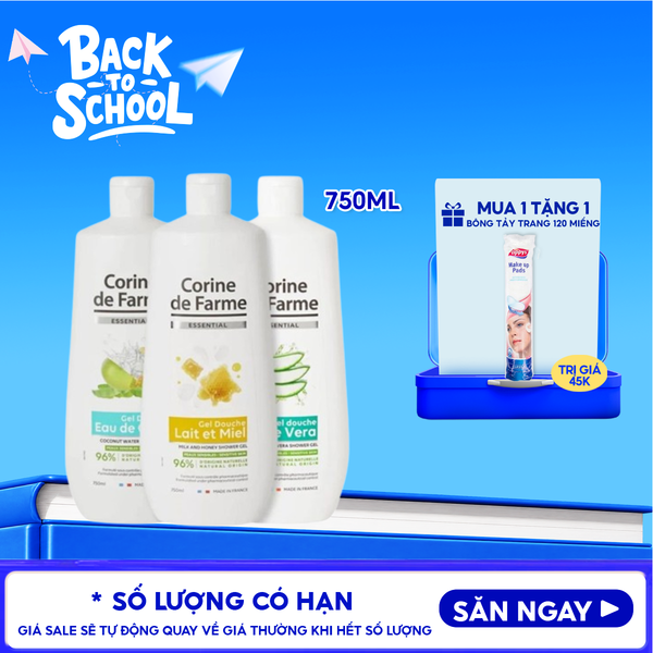  Gel Tắm Corine de Farme Chiết Xuất Thiên Nhiên Dưỡng Ẩm, Làm Dịu Da Essential Shower Gel 750ml 