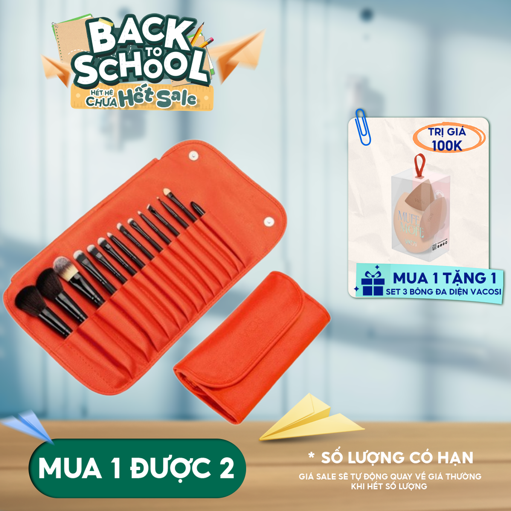 Bộ Cọ Trang Điểm Cá Nhân Vacosi Mars Mission Brush Set 14 Cây & Bóp Da Cam - BC36