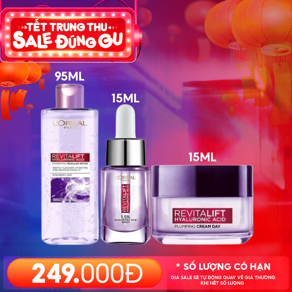Combo 3 Sản Phẩm L'Oreal: Serum Cấp Ẩm, Cải Thiện Nếp Nhăn 15ml + Nước Tẩy Trang Làm Sạch, Cấp Ẩm 95ml + Kem Dưỡng Cấp Ẩm, Cải Thiện Nếp Nhăn 15ml