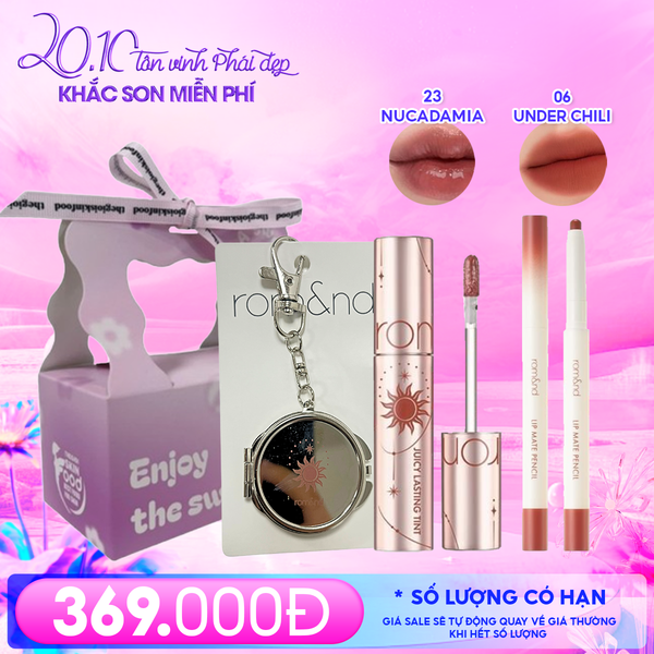  Combo Romand: Son Tint Lì Juicy Solunar Edition + Gương Móc Khóa Romand Solunar + Chì Kẻ Viền Môi Nhung Lì, Lâu Trôi, Thiết Kế 2 Đầu 06 Under Chili + Túi Quà 