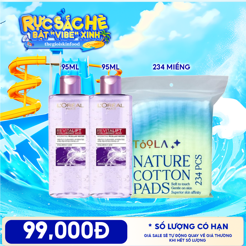 Combo Travel: Nước Tẩy Trang L'oreal Làm Sạch, Cấp Ẩm Revitalift Hyaluronic Acid Hydrating Micellar Water 95ml + Bông Tẩy Trang Mềm Mịn TOOLA