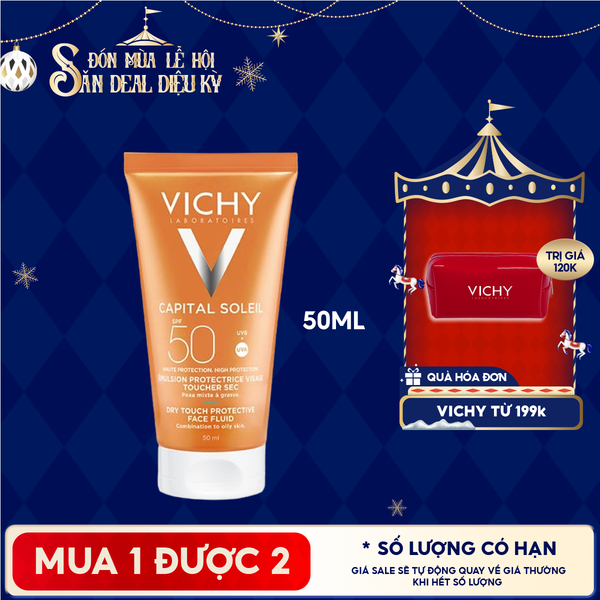  Kem Chống Nắng Vichy Cho Da Dầu, Không Nhờn Rít Capital Soleil Dry Touch Face Fluid SPF50+ 50ml 