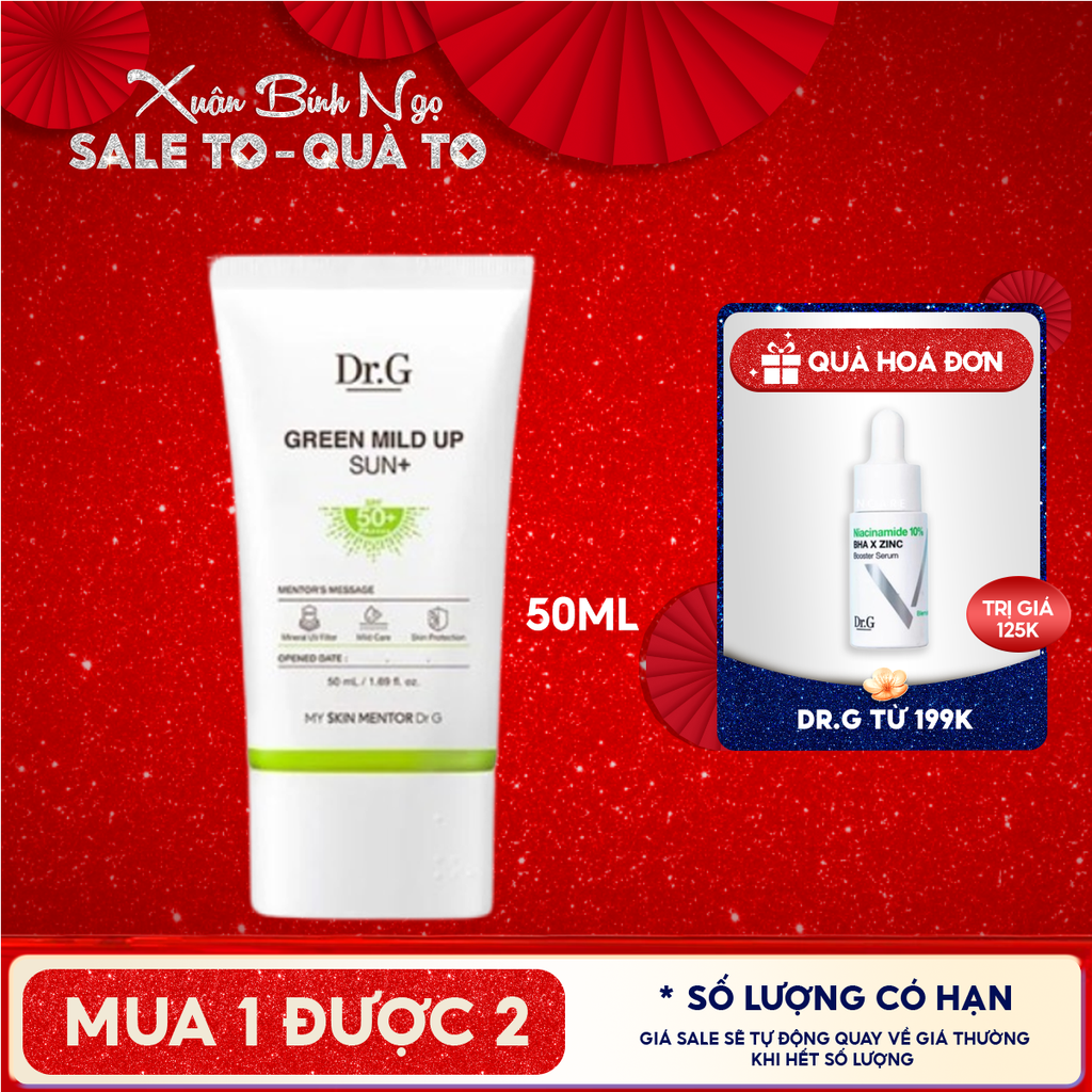 Kem Chống Nắng Dr.G Vật Lý, Chống Ánh Sáng Xanh, Giảm Mụn Dành Cho Da Nhạy Cảm Green Mild Up Sun+ SPF50+/ PA++++ 50ml