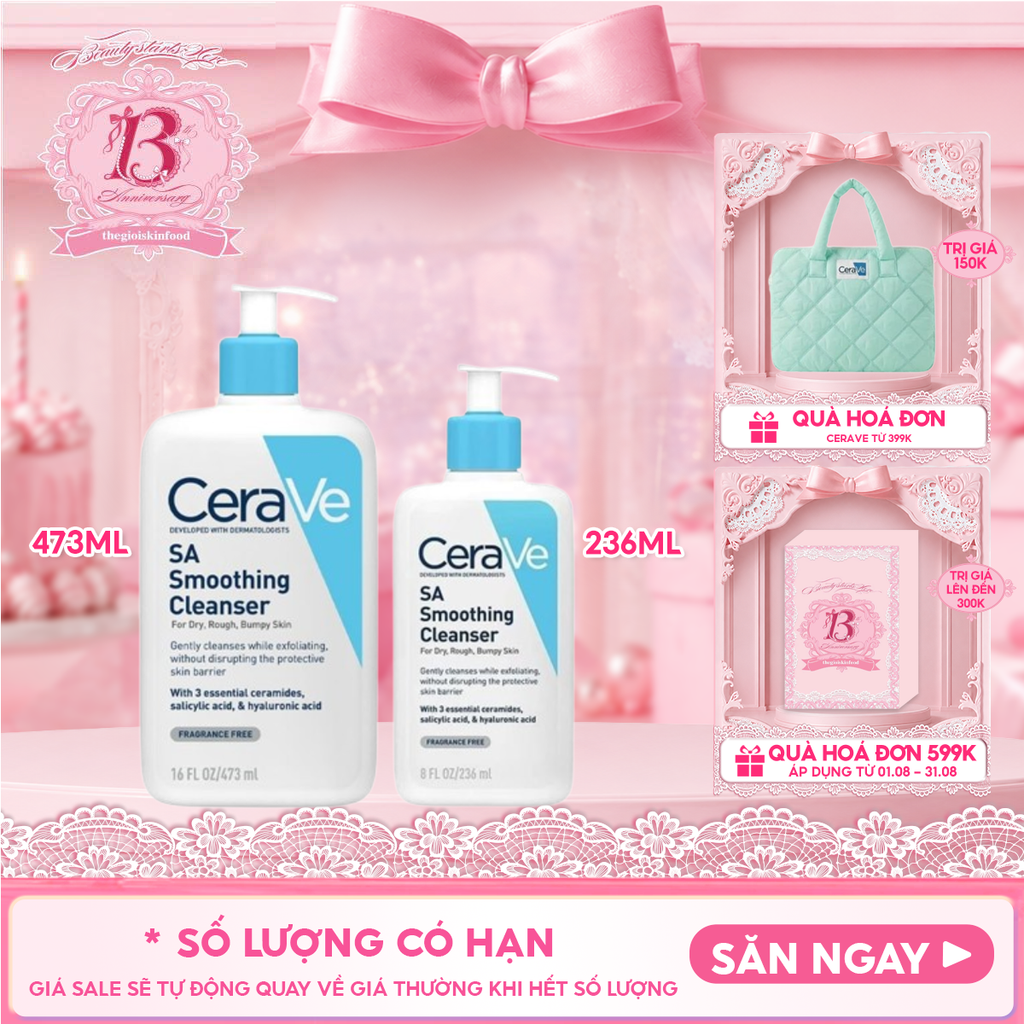 Sữa Rửa Mặt Cerave Làm Sạch Sâu Cho Da Mụn, Tẩy Da Chết Dịu Nhẹ Developed With Dermatologists SA Smoothing Cleanser