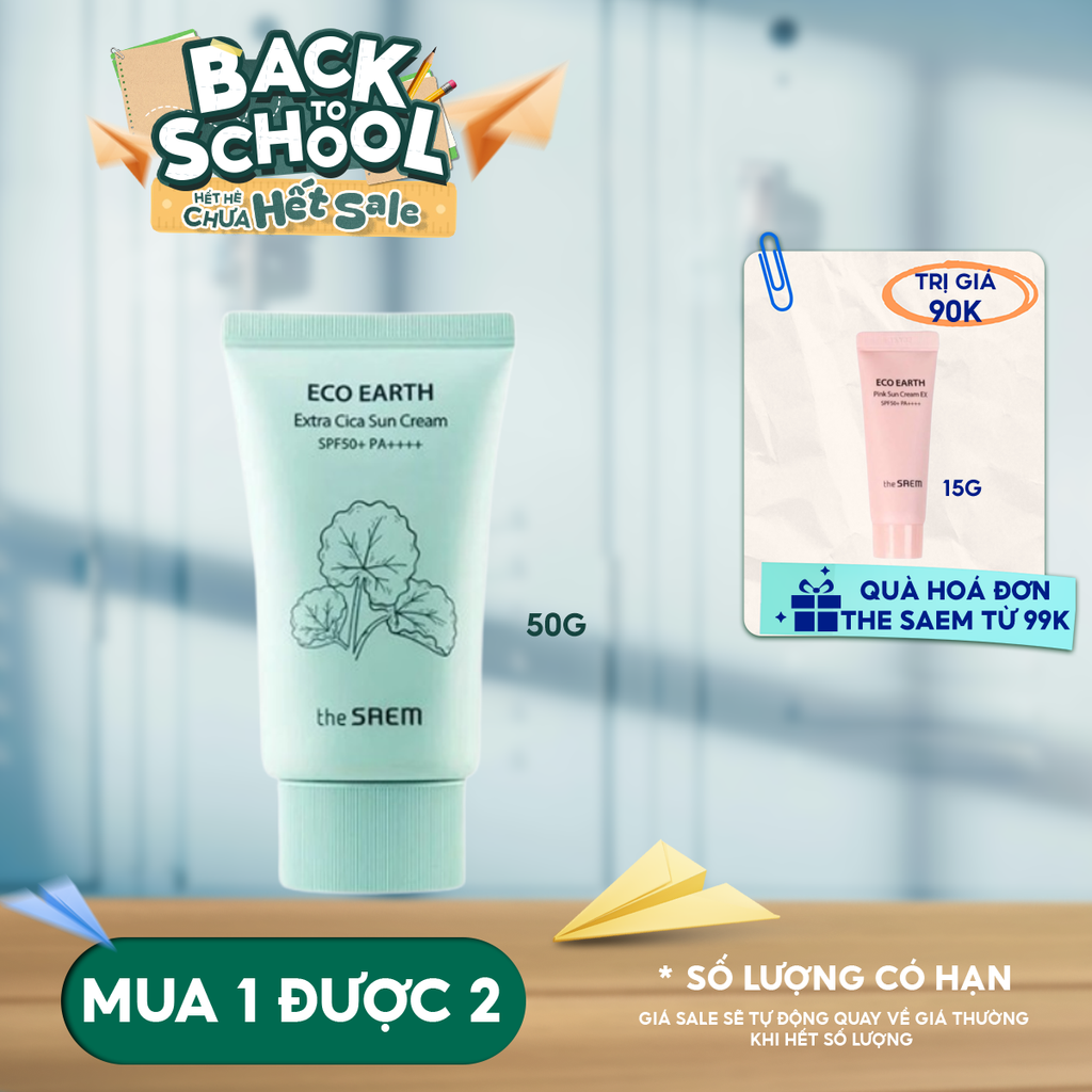 Kem Chống Nắng The Saem Nâng Tông, Cân Bằng Ẩm, Chiết Xuất Rau Má Eco Earth Extra Cica Sun Cream SPF50+/PA++++ 50g