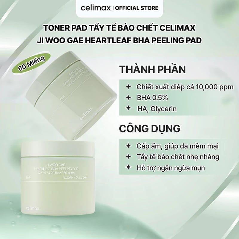 [60 MIẾNG] Toner Pad Tẩy Tế Bào Chết Celimax Ji Woo Gae Heartleaf Bha Peeling Pad 125ml