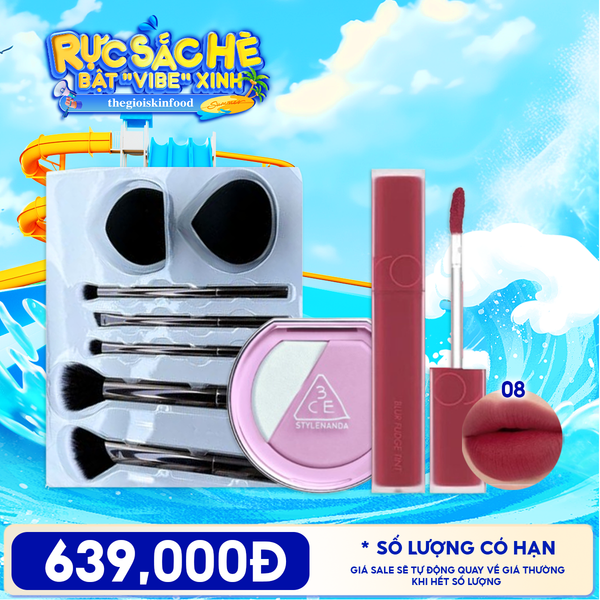  Combo Phấn Má Hồng Bắt Sáng 3CE Blushlighter + Son Kem Lì Romand Blur Fudge Tint + Bộ Cọ Trang Điểm Cơ Bản Kèm Bông Mút TOOLA 