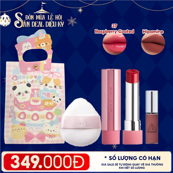  Combo Quà Tặng: Túi Quà + Son Bóng Dưỡng Môi Có Màu 3CE 37 Raspberry Coated + Mút Trang Điểm 3CE + Son Kem Lì Mini 3CE Hipamine 
